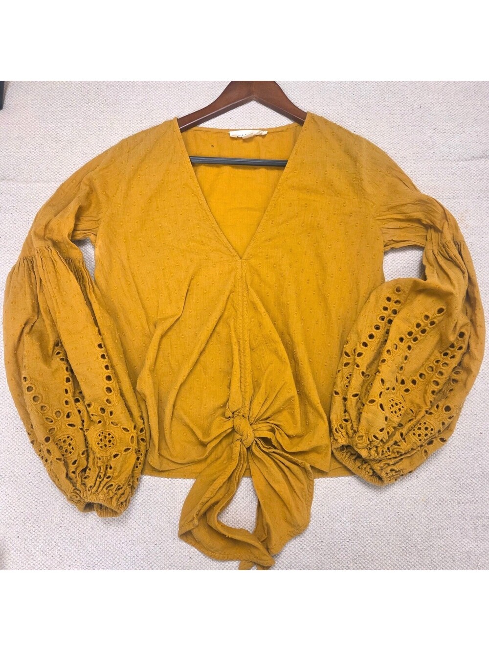 Lovestitch Women's Small Spring Yellow Rhapsody Cotton Balloon Sleeve Tie Blouse
